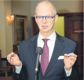  ?? JOE GIBBONS/THE TELEGRAM ?? Progessive Conservati­ve Leader Ches Crosbie speaks to reporters Tuesday outside the House of Assembly.