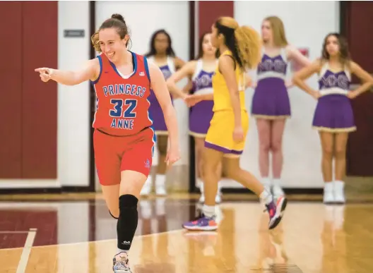  ?? STAFF FILE ?? Princess Anne returnee Hailey Harris celebrates sinking a 3-point shot during a state semifinal game victory against Menchville at Heritage High in Newport News on March 6, 2023.