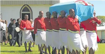  ??  ?? Warrant Officers of the Republic of Fiji Military Forces carry Ratu George’s casket out of the Ratu Cakobau Memorial Church on Bau Island on July 11, 2018.