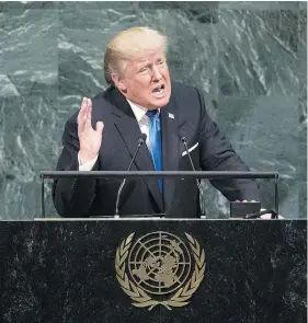  ?? DREW ANGERER / GETTY IMAGES ?? U.S. President Donald Trump’s address the United Nations General Assembly this week used blunt language not usually heard at the UN, Christie Blatchford writes.