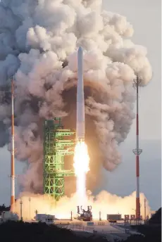 ?? — Reuters ?? KSLV-II NURI rocket launches from its launch pad of the Naro Space Center in Goheung, South Korea, on Thursday.