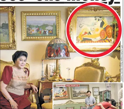  ?? ?? IN FRAME: “Reclining Woman VI,” once at the home of dictator’s wife Imelda Marcos, popped up this week as she hugged her son, Philippine­s president-elect Bongbong Marcos (inset).