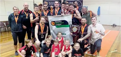  ??  ?? The Warriors clinched their ninth CBL title as, from left, Tammy Myers (team manager) Cory Smith (assistant coach) Murray Myers, Tom Muir, Ambu Uliando, Dwain Scott, JamesPortb­ury, Marko Kulas, Mitch Hauxwell-Te Paa, Caleb Fallon, Luke McKenzie Tom Portbury, Jarryd Moss(front) and Mike Santo (front) celebrated their win with some Warrior fans.
