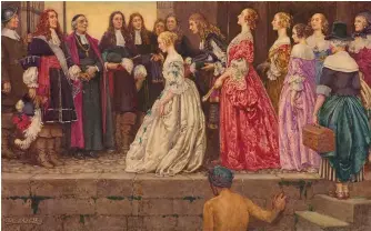  ??  ?? Arrival of the Brides, a painting by Eleanor Fortescue Brickdale completed circa 1927. The painting depicts French women arriving in Quebec in 1667, where they were to be married to French-Canadian farmers. New France Intendant Jean Talon, second from left, and Bishop François de Laval, third from left, are shown formally welcoming the women to the colony.