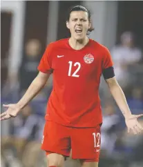 ?? DELCIA LOPEZ/THE ASSOCIATED PRESS FILES ?? Christine Sinclair, captain of the Canadian women's national soccer team, injured her foot during a win against Wales on Friday, but is not expected to miss any games.
