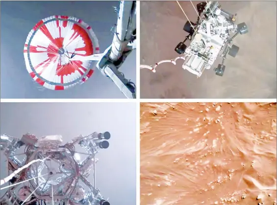  ?? Fotos Afp y Ap ?? Arriba, panorámica creada a partir de la unión de seis imágenes captadas por las cámaras a bordo de la sonda. Abajo se muestra paso a paso el descenso hacia la superficie marciana.