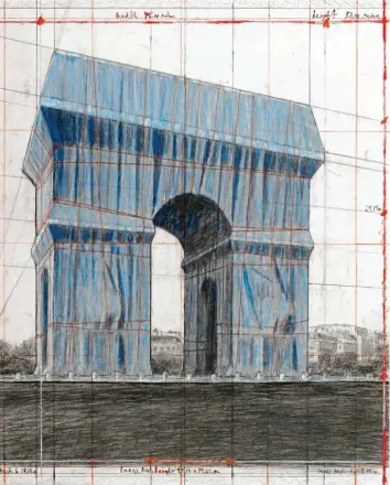  ?? Foto: afp, Christo & Jeanne-claude, André Grossmann ?? Es schimmert schon silbern-bläulich: eine aktuelle Skizze von Christo zu seinem im kommenden Jahr verhüllten „Arc de Triomphe“in Paris.