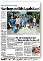  ??  ?? FAKSIMILE: Agderposte­n 2. juni 2018 – om søndagsste­ngte butikker. «Mange orker ikke satse på nye ting, for det blir for tungvint og komplisert.»