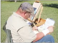  ?? (NWA Democrat-Gazette/Lynn Kutter) ?? Jim Mullenax of Prairie Grove draw the Borden House recently at Prairie Grove Battlefiel­d State Park.