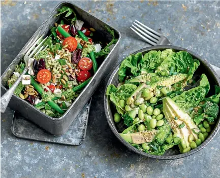  ??  ?? Brown rice salad with beans, tomatoes and feta, and edamame bean salad with avocado, broccoli and sesame dressing.