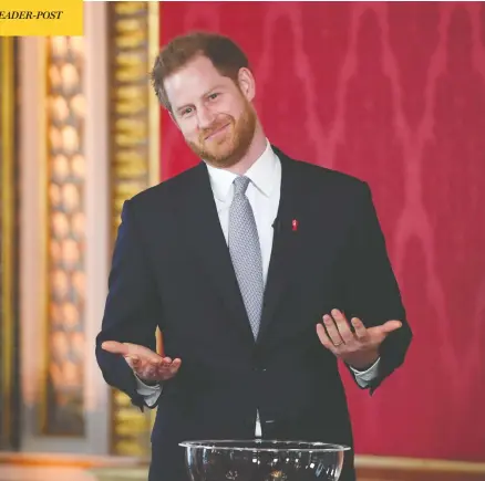  ?? JEREMY SELWYN/POOL VIA REUTERS ?? Prince Harry attends the draw for the Rugby League World Cup at Buckingham Palace Thursday — possibly one of his last royal engagement­s.