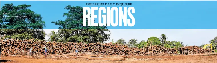  ?? Editor RobertJawo­rskiL.Abaño ?? TREE CUTTING This 2017 photo provided by Brooke’s Point Mayor Mary Jean Feliciano shows piles of logs that she says came from thousands of trees cut by Ipilan Nickel Corp. (INC) in areas that covered her town’s watershed. Feliciano led the demolition of some of INC’s structures, but she was suspended for a year by the Ombudsman due to a complaint filed by the mining company.