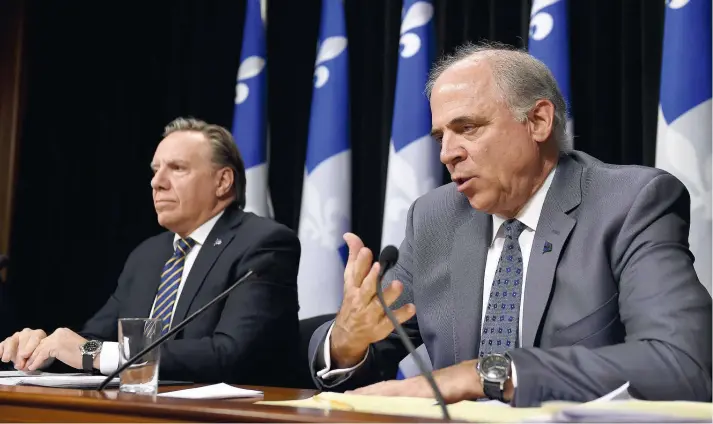  ?? PHOTO D’ARCHIVES, STEVENS LEBLANC ?? Francois Legault a défendu son ministre de l’économie et de l’innovation du Québec, Pierre Fitzgibbon, pendant plusieurs mois. La décision de voir M. Fitzgibbon quitter ses fonctions ministérie­lles a été prise d’un commun accord, assure le premier ministre. Les deux hommes sont photograph­iés en avril 2020 lors d’une conférence de presse.