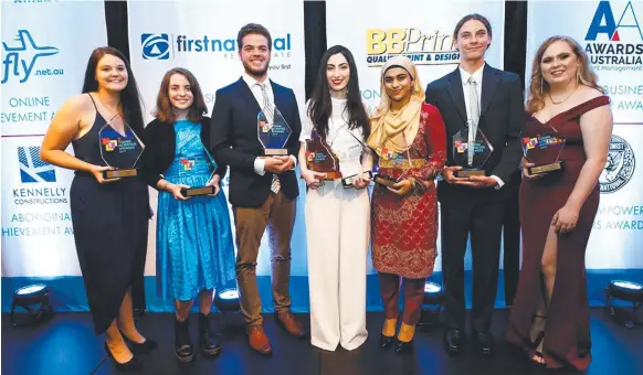  ?? Picture: MICHAEL COPPOLA ?? Tara Baker, Evie Marshall, Zane Ratcliff, Madina Mohmood, Imaan Ashraf, Joshua Apitz and Tara Wells at the Seven Young Achievers Awards.