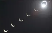  ?? (File Photo/AP/Richard Vogel) ?? The progressio­n of a total solar eclipse is seen in a multiple exposure photograph taken Oct 24, 1995, in five-minute intervals, with the moon passing in front of the sun above Siem Reap in northweste­rn Cambodia.