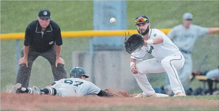  ?? BOB TYMCZYSZYN TORSTAR ?? Welland Jackfish first baseman Bryce OFarrell prepares to make a tag in this file photo from Welland Stadium.