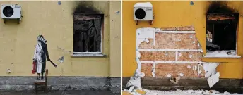  ?? — AFP photo ?? This combinatio­n of pictures shows a graffiti made by Banksy on the wall of a destroyed building in the town of Gostomel, near Kyiv, on Nov 16 (left) and a cut off of the wall of the damaged building from where a group of people tried to steal the work.