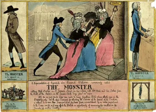  ??  ?? ABOVE: A cartoon suggesting that Rhynwick Williams, shown in disguise and when attacking the Porter sisters, ought to be hanged for his crimes.