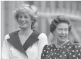 ?? MARTIN CLEAVER, AP ?? Diana and the queen in 1987; at right, the famously formfittin­g “Revenge Dress.”