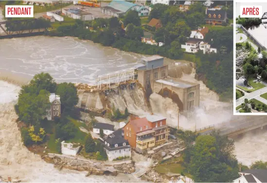  ??  ?? La rivière Chicoutimi est passée par-dessus le barrage de la compagnie Abitibi-price, lavant littéralem­ent le quartier du Bassin sauf la petite maison blanche qui a résisté à l’inondation.