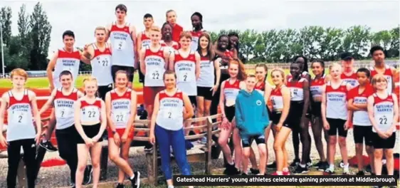  ??  ?? Gateshead Harriers’ young athletes celebrate gaining promotion at Middlesbro­ugh