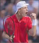  ?? The Canadian Press ?? Denis Shapovalov of Richmond Hill, Ont., celebrates a point against Adrian Mannarino of France during Friday’s quarter-final win.