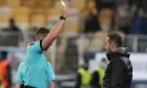  ?? ?? Referee Istvan Kovacs shows a yellow card to Shakhtar Donetsk’s Roberto De Zerbi in the Champions League game against Internazio­nale in 2021. Photograph: Efrem Lukatsky/AP