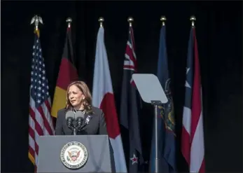  ?? Pittsburgh Post-Gazette ?? Vice President Kamala Harris speaks during the memorial ceremony on Sept. 11, 2021, at the Flight 93 National Memorial near Shanksvill­e.