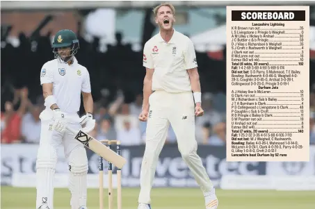  ??  ?? Bowler Stuart Broad shouts his delight at dismissing South Africa batsman JP Duminy in the second Test at Lord’s yesterday, keeping England in con-