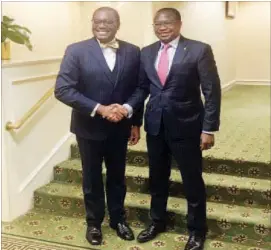  ??  ?? The Minister of Finance and Economic Developmen­t, Professor Mthuli Ncube, poses for a photo with African Developmen­t Bank president, Dr Akinwumi Adesina, on the sidelines of the recent IMF/World Bank spring meeting in the United States. The Minister expressed gratitude for AfDB’s commitment to support Zimbabwe’s debt clearance arrears roadmap and Cyclone Idai victims