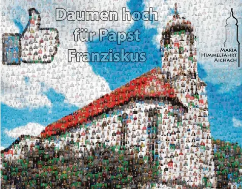  ??  ?? Aus 450 Einzelport­räts entstand diese Collage der Aichacher Stadtpfarr­kirche. Bei einer persönlich­en Audienz werden Stadtpfarr­er Herbert Gugler und Pfarrgemei­nderats vorsitzend­er Rupert Jung das Bild an Papst Franziskus übergeben. AUGSBURG/KÖNIGSBRUN­N