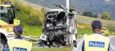  ?? DPA-BILD: PUTZU ?? In Trümmern: Polizisten stehen vor dem verunglück­ten Reisebus auf der Autobahn 2 im Kanton Tessin.