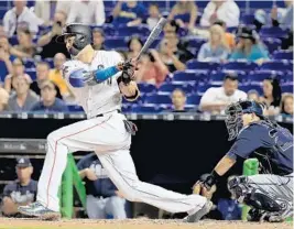  ?? MIKE EHRMANN/GETTY IMAGES ?? Giancarlo Stanton is the Miami Marlins’ finalist for the Hank Aaron Award, which honors the most outstandin­g offensive performer in each league. He won the award in 2014.