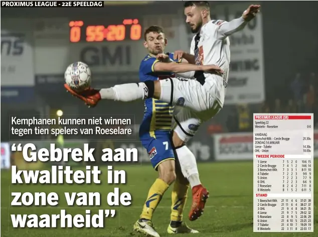  ?? FOTO BELGA ?? Lukas Van Eenoo gaat in duel met Roeselares­peler Mathieu Cornet.