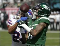  ?? SETH WENIG - THE ASSOCIATED PRESS ?? Buffalo Bills’ Taron Johnson (24) deflects a pass to New York Jets’ Robby Anderson (11) in the end zone during the first half of an NFL football game Sunday, Sept. 8, 2019, in East Rutherford, N.J.