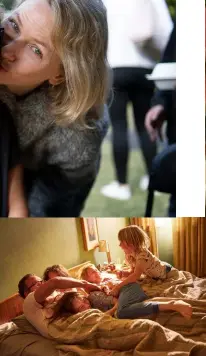  ??  ?? Top left and right: Naomi immersed herself in Sam’s world during filming. Above: Naomi, Andrew Lincoln and the young actors portray the Bloom family. Below (from left): producer Emma Cooper, Naomi, producer Bruna Papandrea and Sam have a laugh between scenes.