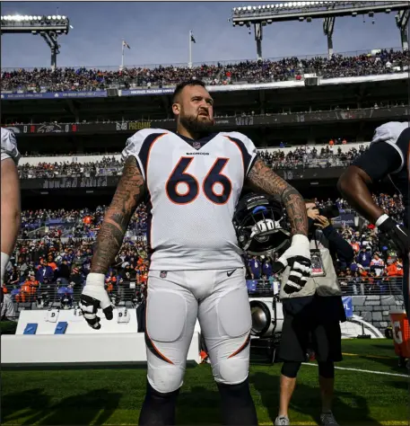  ?? AARON ONTIVEROZ — THE DENVER POST ?? Broncos left guard Dalton Risner ( 66) received his team’s nomination for the Walter Payton Man of the Year award for his work in Front Range communitie­s.