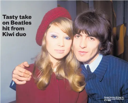  ??  ?? George Harrison, 22, hugs his new bride, model Pattie Boyd, 21, in 1966.