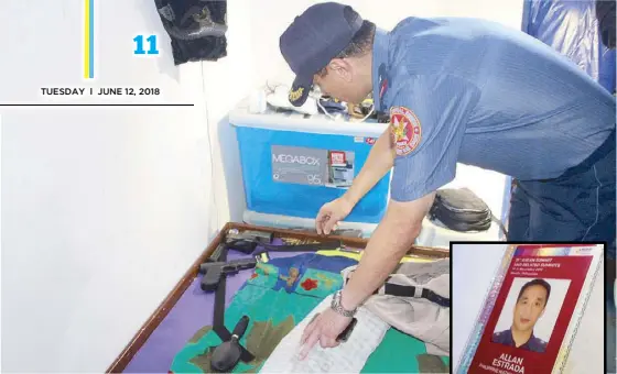  ?? JOVEN CAGANDE ?? Chief Superinten­dent Guillermo Eleazar, Metro Manila’s top cop, checks the pistols Pasay Police Community Precinct 1 commander Chief Inspector Allan Estrada (inset, from GMA News) left on a bed in his office during a surprise inspection before dawn yesterday.