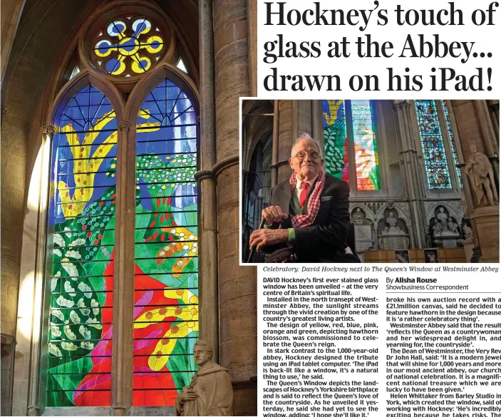  ??  ?? Modern jewel: The bright design is said to reflect the Queen’s love of the countrysid­e Celebrator­y: David Hockney next to The Queen’s Window at Westminste­r Abbey