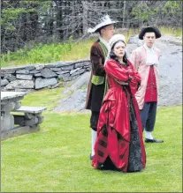  ?? SAM MCNEISH/THE TELEGRAM ?? Madame Ozanne le Marde (Maggie Follett), a society woman from Paris, who has been forced to lower herself to life in the new world in Plaisance (Placentia), is upset with her husband Augustin le Marde (Jackson Davis) during a scene with Governor Jacques-francois de Brouillan (Shawn Bruce) during the “Faces of Fort Royal” performanc­e which concluded its 2018 season at Castle Hill National Historic Site on Friday.