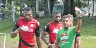  ?? Photo: Waisea Nasokia ?? Yamacia’s Sevuloni Mocenacagi gets the red card during the Fiji Bitter Nawaka 7s at Prince Charles Park, Nadi on February 26, 2021.