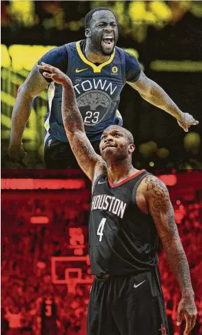  ?? Brett Coomer / Houston Chronicle and AP photos / Houston Chronicle illustrati­on ?? Rockets forward P.J. Tucker shows how it’s done after hitting a crucial 3-pointer late in Tuesday’s Game 5 to earn a matchup with Draymond Green (23) and the Warriors.