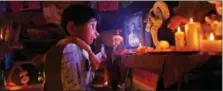  ?? PHOTO COURTESY OF DISNEY/PIXAR ?? Miguel (voice of newcomer Anthony Gonzalez), who struggles against his family’s generation­s-old ban on music, creates a secret space where he can play his guitar and soak up the on-screen talent of his idol, Ernesto de la Cruz (voice of Benjamin Bratt) in “Coco.”