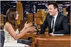  ?? MIKE COPPOLA / GETTY IMAGES ?? Danica Patrick is interviewe­d by host Jimmy Fallon during her visit to “The Tonight Show Starring Jimmy Fallon” on Tuesday.