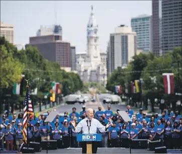  ?? Matt Rourke Associated Press ?? JOE BIDEN told the Philadelph­ia crowd of about 6,000 that he rejects the notion that “Democrats are so angry — that the angrier a candidate can be, the better chance he or she has to win the Democratic nomination.”