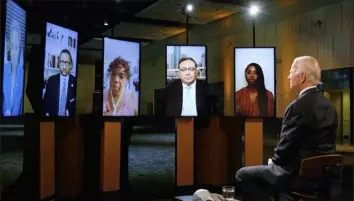  ?? Democratic National Convention via AP ?? Democratic presidenti­al candidate former Vice President Joe Biden leads a conversati­on on racial justice with Art Acevedo, Jamira Burley, Gwen Carr, Derrick Johnson and Lori Lightfoot on Monday during the first night of the Democratic National Convention.