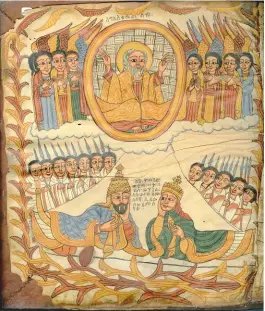  ??  ?? Above: King Atse Yohannes, as depicted by the ‘Synkessar’ forger. Below: An homage to the ‘Cypresses’ choirbook, painted as a gift for William Voelkle by the psychiatri­st Scott Schwartz