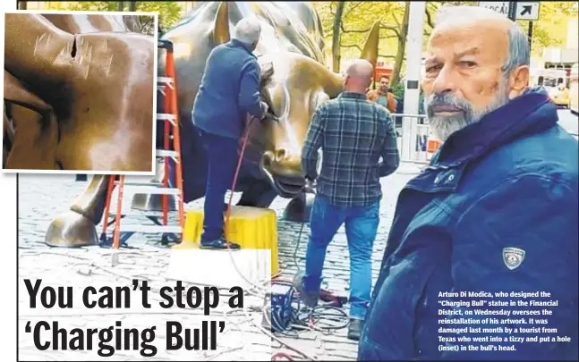  ??  ?? Arturo Di Modica, who designed the “Charging Bull” statue in the Financial District, on Wednesday oversees the reinstalla­tion of his artwork. It was damaged last month by a tourist from Texas who went into a tizzy and put a hole (inset) in the bull’s head.