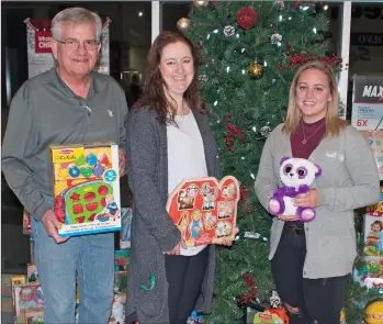  ?? SCOTT ANDERSON/SOUTHWEST BOOSTER ?? For the fifth consecutiv­e year, staff and customers from Redhead Equipment in Swift Current shared their generosity through a toy drive in support of Southwest Crisis Services. Redhead staff members Derris White and Ashley Mcclelland presented their donation to Brenna Ekstrand, Community Relations Coordinato­r for Southwest Crisis Services. In addition to the toys and a collection of gift cards, Redhead Equipment held a staff 50/50 draw, with just over $300 from the draw also donated to Southwest Crisis Services.